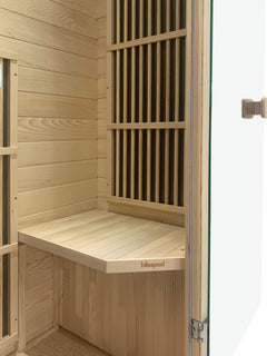 Zoppinh Blisspod Vienna Far Infrared Sauna with wooden interior and digital control panel for relaxing sauna sessions.