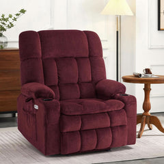 Large burgundy ShipItFurniture massage recliner chair with dual motor lift, massage, and heat features, shown in a home setting