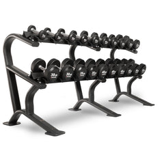XMARK round commercial urethane dumbbells in 5-50 lb set, showing a close-up of the sleek, color-coded free weights for strength training.