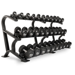 XMARK round commercial urethane dumbbells set with weights ranging from 5 to 75 pounds, featuring a durable urethane coating for gym use.