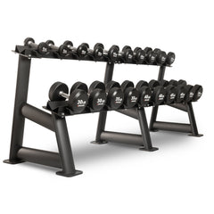 XMARK round commercial urethane dumbbells set with 5 to 50 pounds, durable free weights for strength training.