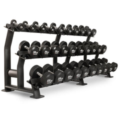 XMARK round commercial urethane dumbbells in 5 to 75 pounds set, showcasing durable free weights with ergonomic handles.