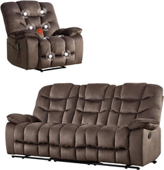 Brown 2-piece ShipItFurniture massage recliner set with built-in massage and heat functions, showcasing plush upholstery and reclining features.