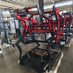 Muscle D Fitness Pro Strength Power Hack Squat plate-loaded gym machine with padded backrest and weight plates for strength training.