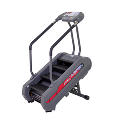 Pro 6 Aspen StairMill household stair climber with three-tier steps and sturdy handrails in a home setting.