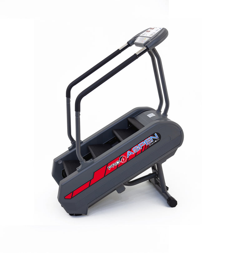 Pro 6 Aspen StairMill household stairclimber with three adjustable steps and sturdy handrails, designed for indoor fitness.