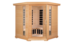 Zoppinh Blisspod Vienna corner spacious far infrared sauna with glass door and wooden interior for relaxing wellness at home.