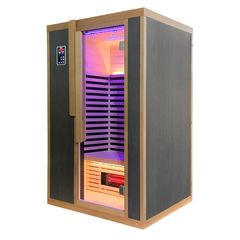 Zoppinh Blisspod Bergen indoor sauna for two people with full spectrum heating, shown in a modern interior setting.