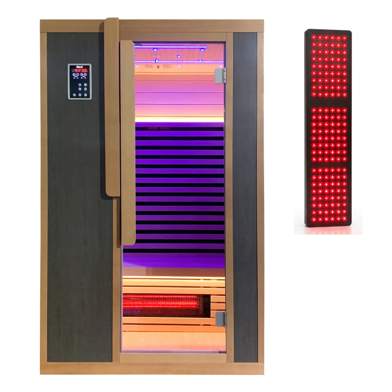 Zoppinh Blisspod Bergen full spectrum indoor sauna for two people, featuring wooden interior and control panel.