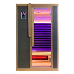 Zoppinh Blisspod Bergen full spectrum indoor sauna for two people, featuring wooden interior and digital control panel.