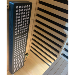 Zoppinh Blisspod Bergen full spectrum indoor sauna for two people with wooden interior and control panel.