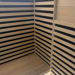 Zoppinh Blisspod Bergen full spectrum indoor sauna for two, featuring wooden interior and digital control panel.