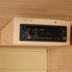 Golden Designs Maxxus 4 Person Low EMF FAR IR Sauna with wooden interior and digital control panel.