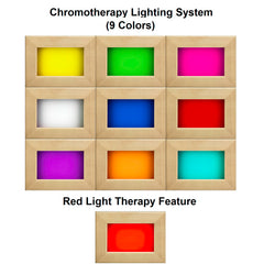 Golden Designs Inc. 4-person low EMF FAR IR sauna with chromotherapy red light for relaxing infrared therapy.