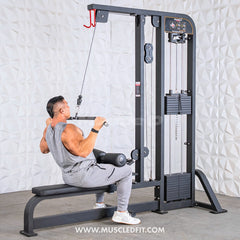 Muscle D Fitness Classic V2 selectorized lat pulldown and low row combo machine with adjustable seats and handles for strength training.