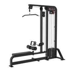 Muscle D Fitness Classic V2 selectorized lat pulldown and low row combo machine with adjustable weights and padded seat.