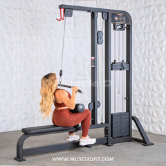 Muscle D Fitness Classic V2 selectorized lat pulldown and low row combo machine with adjustable weights for strength training.