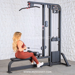 Muscle D Fitness Classic V2 selectorized lat pulldown and low row combo machine with adjustable weight stacks and ergonomic seat