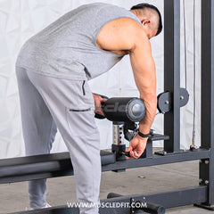 Muscle D Fitness Classic V2 selectorized lat pulldown and low row combo machine with padded seat and weight stack display.