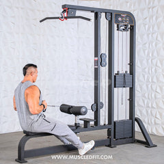 Muscle D Fitness Classic V2 selectorized lat pulldown and low row combo machine with padded seat and weight stack.
