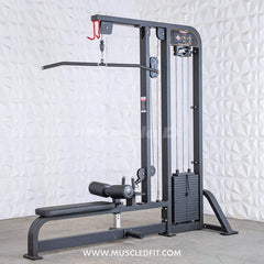 Muscle D Fitness Classic V2 selectorized lat pulldown and low row combo machine with padded seat and adjustable weight stack.