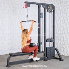 Muscle D Fitness Classic V2 selectorized lat pulldown and low row combo machine with adjustable seats and handles.