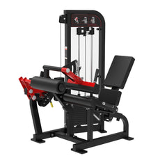 Muscle D Fitness Classic V2 selectorized leg extension and seated leg curl combo machine, showing padded seat and adjustment levers.