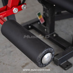 Muscle D Fitness Classic V2 selectorized leg extension and seated leg curl combo machine showing padded seat and adjustable leg pads