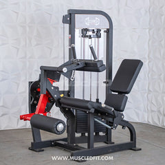 Muscle D Fitness Classic V2 selectorized leg extension and seated leg curl combo machine with padded seat and adjustable settings.