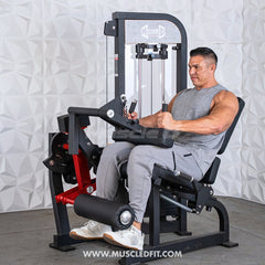 Muscle D Fitness Classic V2 selectorized leg extension and seated leg curl combo machine with black and silver design.