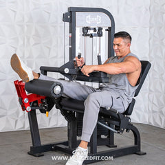Muscle D Fitness Classic V2 selectorized leg extension and seated leg curl combo machine showing padded seat and weight stack