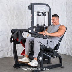 Muscle D Fitness Classic V2 selectorized leg extension and seated leg curl combo machine for leg muscle training.