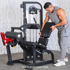 Muscle D Fitness Classic V2 selectorized leg extension and seated leg curl combo machine for leg workout.