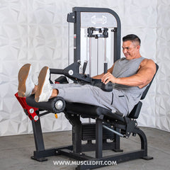Muscle D Fitness Classic V2 selectorized leg extension and seated leg curl combo machine with padded seat and adjustable settings.