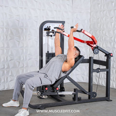 Muscle D Fitness Classic V2 selectorized multi-press chest and shoulder press machine with padded seats and adjustable weights.