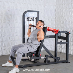 Muscle D Fitness Classic V2 selectorized multi-press chest and shoulder press machine with padded seats and adjustable weights.