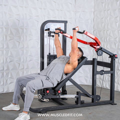 Muscle D Fitness Classic V2 selectorized multi-press machine for chest and shoulder workouts, with padded seats and adjustable handles.