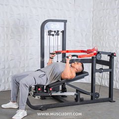 Muscle D Fitness Classic V2 selectorized multi-press chest and shoulder press machine with padded seat and adjustable handles.