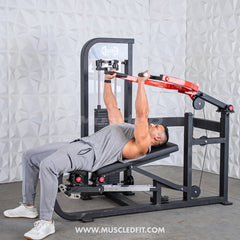 Muscle D Fitness Classic V2 selectorized multi-press chest and shoulder press machine with padded seats and adjustable resistance.