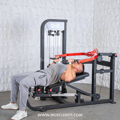 Muscle D Fitness Classic V2 selectorized multi-press machine with chest and shoulder press stations, featuring padded seats and adjustable weights.