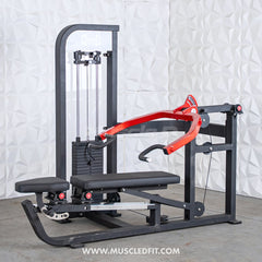 Muscle D Fitness Classic V2 selectorized multi-press machine with chest and shoulder press components, featuring padded seats and handles.