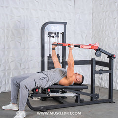 Muscle D Fitness Classic V2 selectorized multi-press machine with chest and shoulder press components, featuring padded seats and weight stacks.