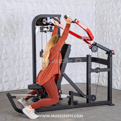 Muscle D Fitness Classic V2 selectorized multi-press chest and shoulder press machine with padded seats and handles for strength training.