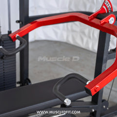 Muscle D Fitness Classic V2 selectorized multi-press chest and shoulder press machine with padded seats and adjustable weight stacks.