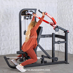 Muscle D Fitness Classic V2 selectorized multi-press machine for chest and shoulder workouts with padded seats and adjustable handles.