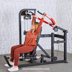 Muscle D Fitness Classic V2 selectorized multi-press machine for chest and shoulder exercises with adjustable weight stacks