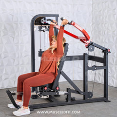 Muscle D Fitness Classic V2 selectorized multi-press machine for chest and shoulder workouts, with padded seats and adjustable arms.