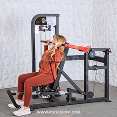 Muscle D Fitness Classic V2 selectorized multi-press machine for chest and shoulder workouts, with adjustable seat and weight stacks.
