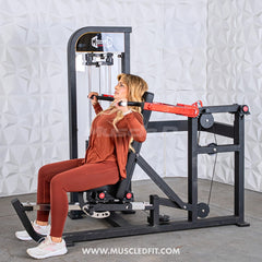 Muscle D Fitness Classic V2 selectorized multi-press machine for chest and shoulder exercises with padded seats and adjustable settings.