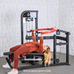 Muscle D Fitness Classic V2 selectorized multi-press machine for chest and shoulder workouts with padded seats and adjustable handles.